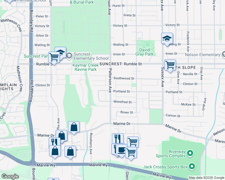 map of restaurants, bars, coffee shops, grocery stores, and more near 7884 Patterson Avenue in Burnaby