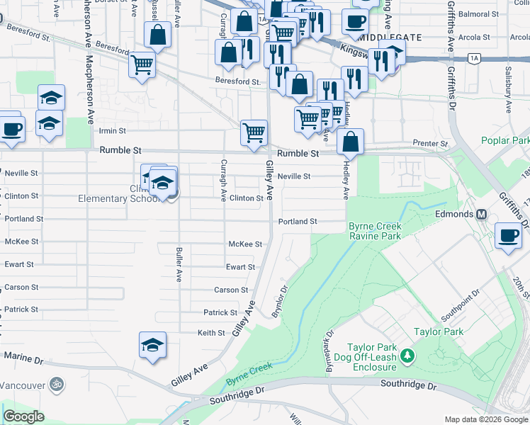 map of restaurants, bars, coffee shops, grocery stores, and more near 7855 Gilley Avenue in Burnaby