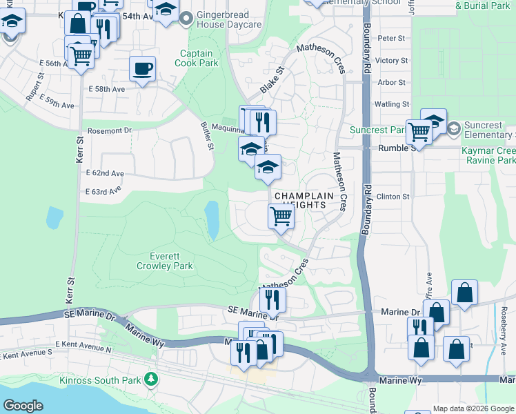map of restaurants, bars, coffee shops, grocery stores, and more near 3380 Marquette Crescent in Vancouver