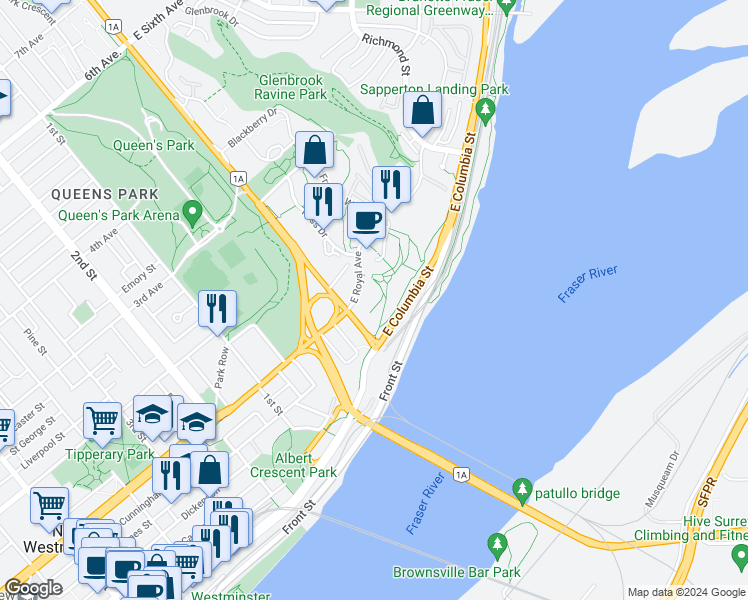 map of restaurants, bars, coffee shops, grocery stores, and more near 14 East Royal Avenue in New Westminster