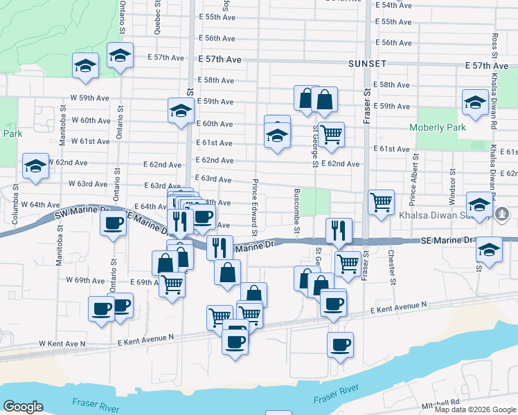 map of restaurants, bars, coffee shops, grocery stores, and more near 403 East 64th Avenue in Vancouver