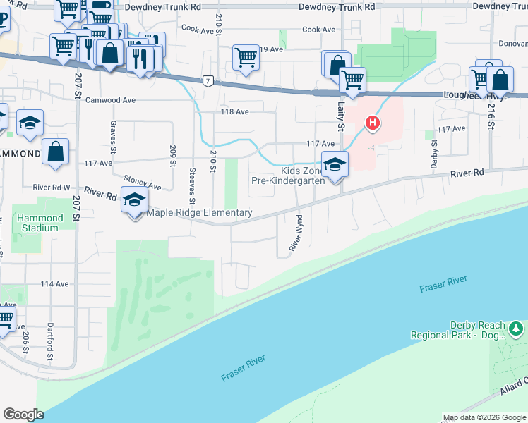 map of restaurants, bars, coffee shops, grocery stores, and more near 21090 River Road in Maple Ridge