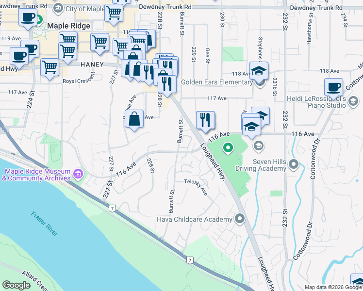 map of restaurants, bars, coffee shops, grocery stores, and more near 11580 Burnett Street in Maple Ridge