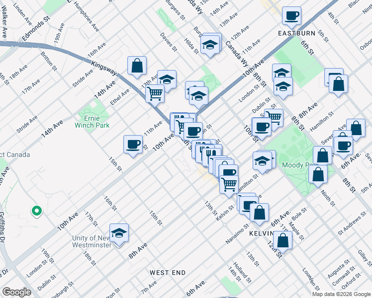 map of restaurants, bars, coffee shops, grocery stores, and more near 1202 London Street in New Westminster