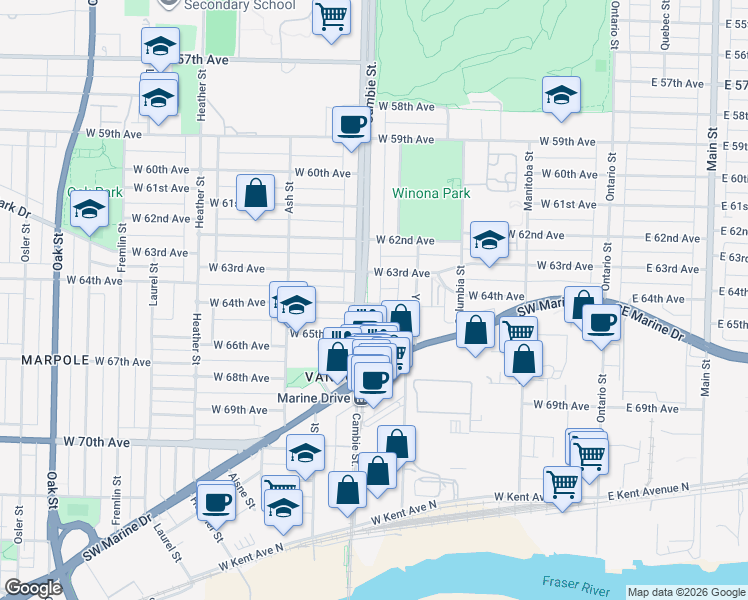 map of restaurants, bars, coffee shops, grocery stores, and more near 475 West 64th Avenue in Vancouver