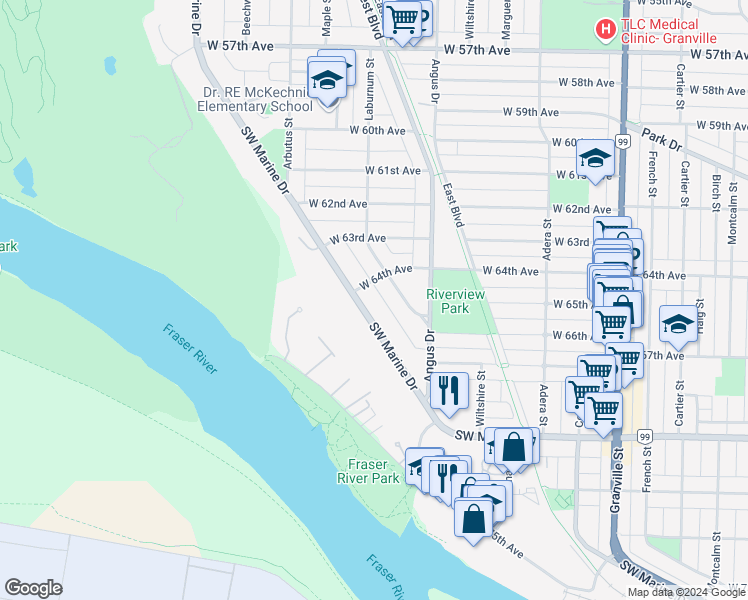 map of restaurants, bars, coffee shops, grocery stores, and more near 1975 Southwest Marine Drive in Vancouver