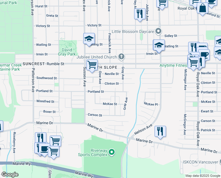 map of restaurants, bars, coffee shops, grocery stores, and more near 4549 Portland Street in Burnaby