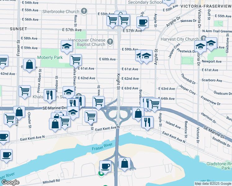 map of restaurants, bars, coffee shops, grocery stores, and more near 7949 Knight Street in Vancouver