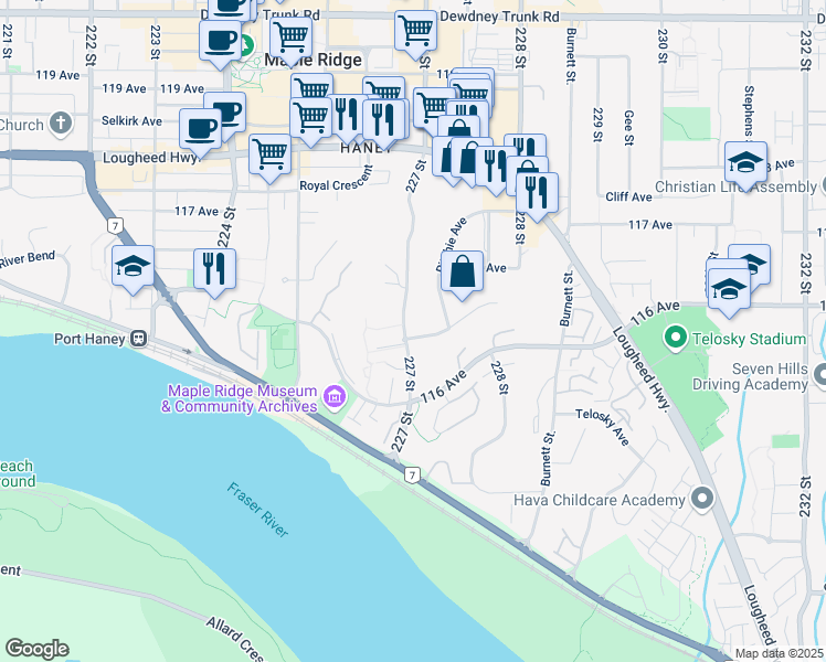 map of restaurants, bars, coffee shops, grocery stores, and more near 22703 Holyrood Avenue in Maple Ridge