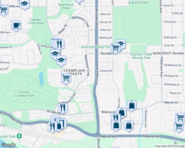 map of restaurants, bars, coffee shops, grocery stores, and more near 7856 Marchwood Place in Vancouver