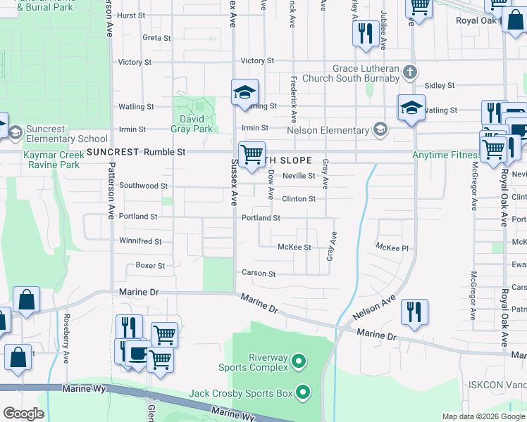 map of restaurants, bars, coffee shops, grocery stores, and more near 4477 Portland Street in Burnaby