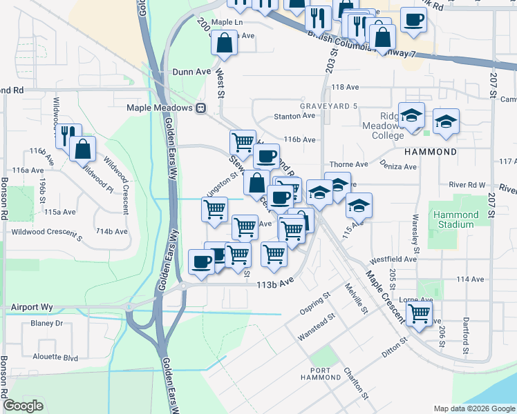 map of restaurants, bars, coffee shops, grocery stores, and more near 20181 115A Avenue in Maple Ridge