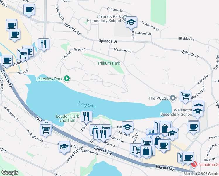 map of restaurants, bars, coffee shops, grocery stores, and more near 371 Woodhaven Drive in Nanaimo