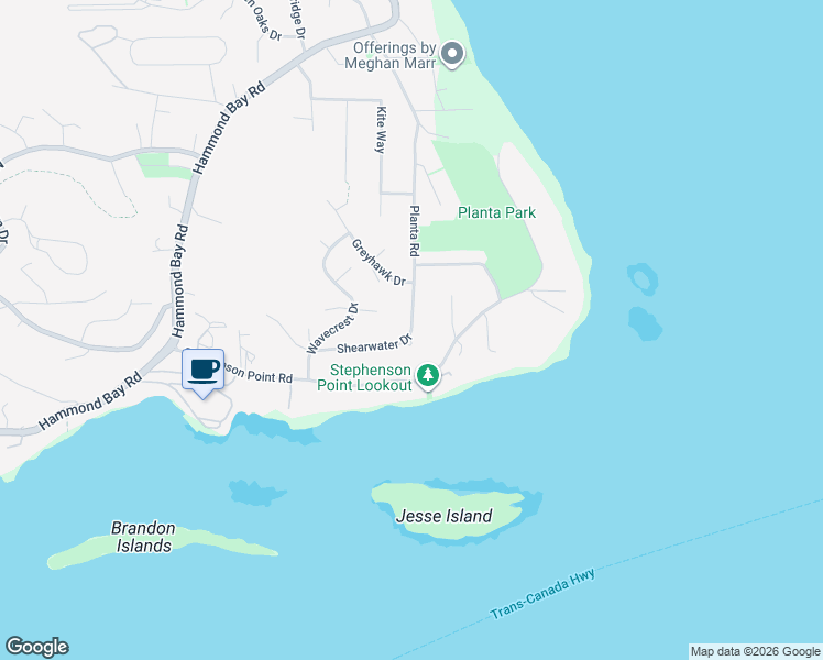 map of restaurants, bars, coffee shops, grocery stores, and more near Shearwater Drive in Nanaimo