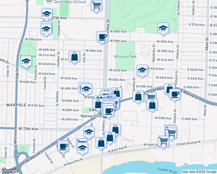 map of restaurants, bars, coffee shops, grocery stores, and more near 7972 Cambie Street in Vancouver