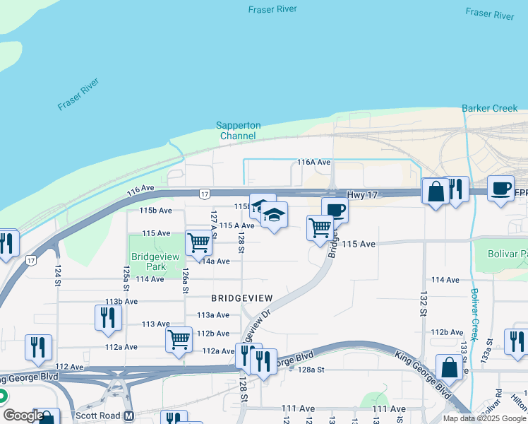map of restaurants, bars, coffee shops, grocery stores, and more near 12850 115B Avenue in Surrey