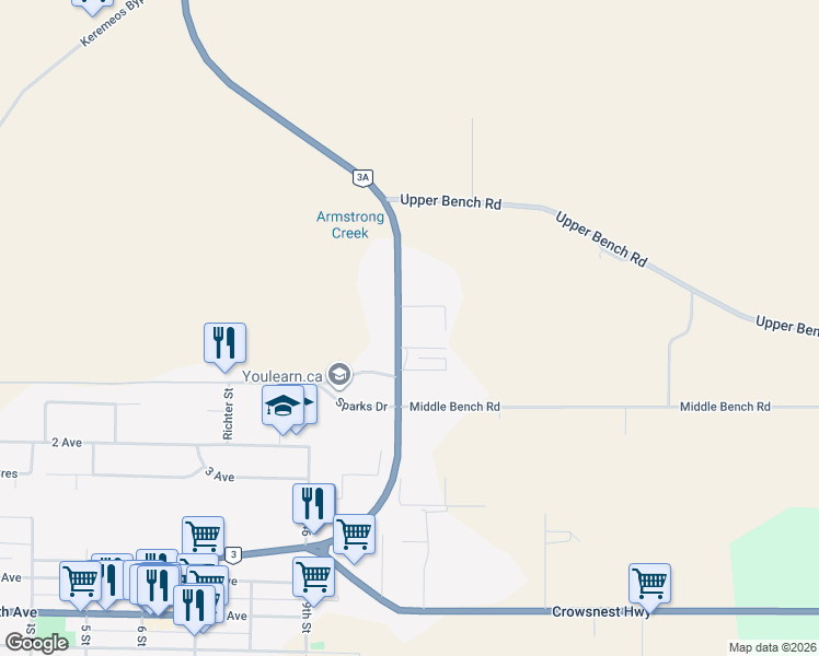 map of restaurants, bars, coffee shops, grocery stores, and more near 13 Highway 3A in Keremeos