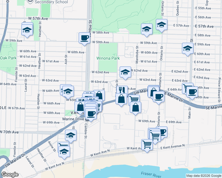map of restaurants, bars, coffee shops, grocery stores, and more near 338 West 64th Avenue in Vancouver