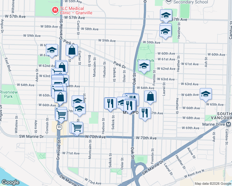 map of restaurants, bars, coffee shops, grocery stores, and more near 8038 Selkirk Street in Vancouver