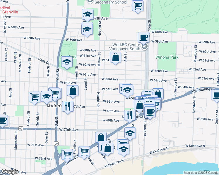 map of restaurants, bars, coffee shops, grocery stores, and more near 763 West 64th Avenue in Vancouver