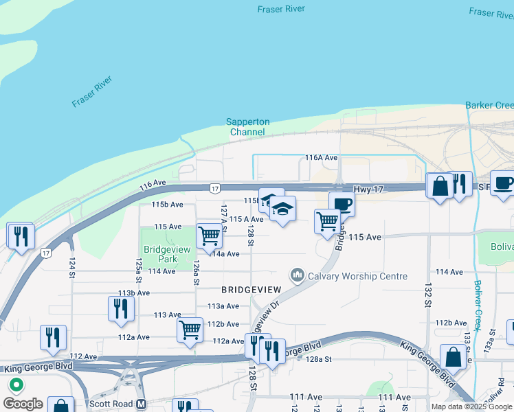 map of restaurants, bars, coffee shops, grocery stores, and more near 11546 128 Street in Surrey