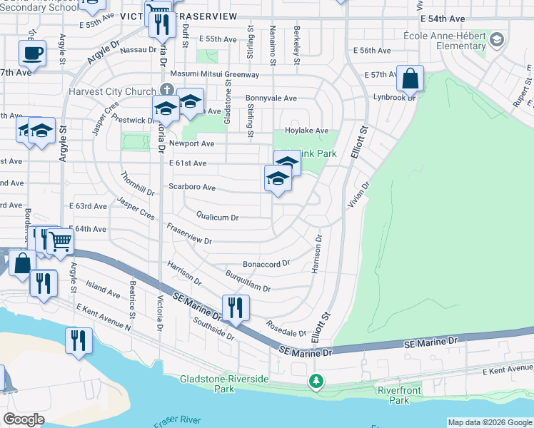 map of restaurants, bars, coffee shops, grocery stores, and more near 2283 Qualicum Drive in Vancouver