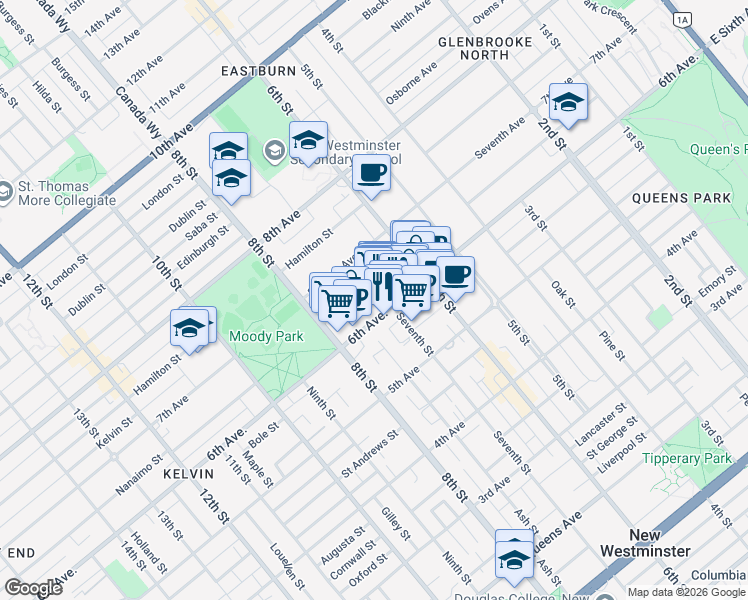 map of restaurants, bars, coffee shops, grocery stores, and more near 610 6th Street in New Westminster