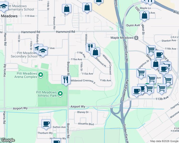 map of restaurants, bars, coffee shops, grocery stores, and more near 11556 197A Street in Pitt Meadows