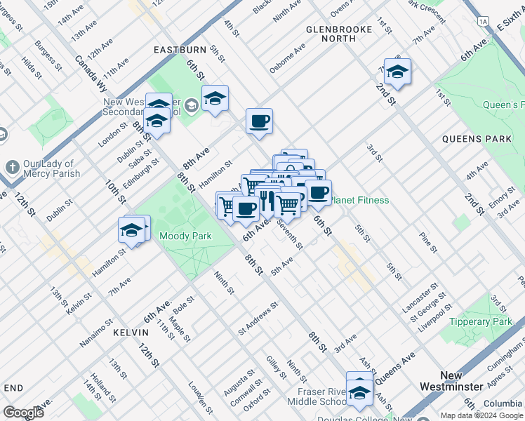 map of restaurants, bars, coffee shops, grocery stores, and more near 708 6th Avenue in New Westminster