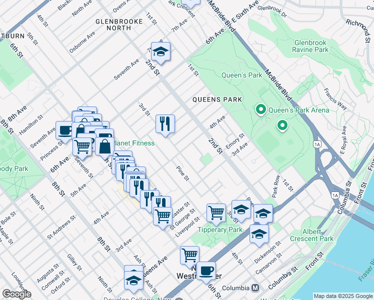 map of restaurants, bars, coffee shops, grocery stores, and more near 232 4th Avenue in New Westminster