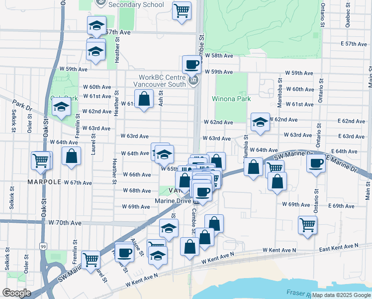 map of restaurants, bars, coffee shops, grocery stores, and more near 531 West 64th Avenue in Vancouver