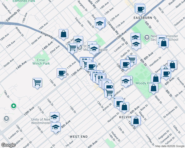map of restaurants, bars, coffee shops, grocery stores, and more near 909 12th Street in New Westminster
