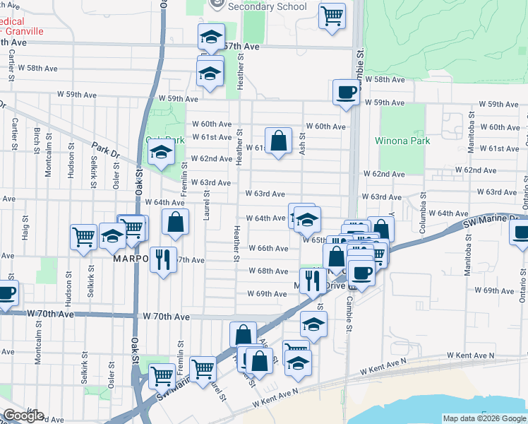 map of restaurants, bars, coffee shops, grocery stores, and more near 763 West 64th Avenue in Vancouver