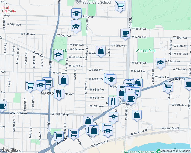 map of restaurants, bars, coffee shops, grocery stores, and more near 763 West 64th Avenue in Vancouver
