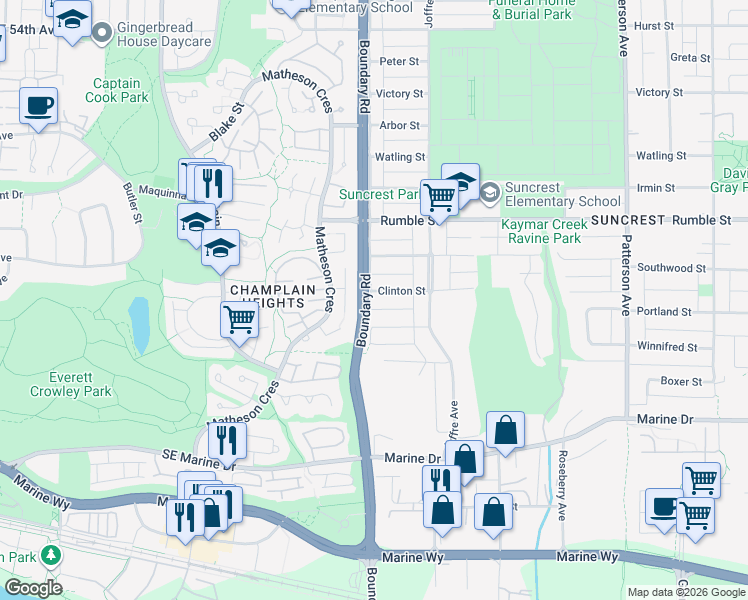 map of restaurants, bars, coffee shops, grocery stores, and more near 3706 Clinton Street in Burnaby