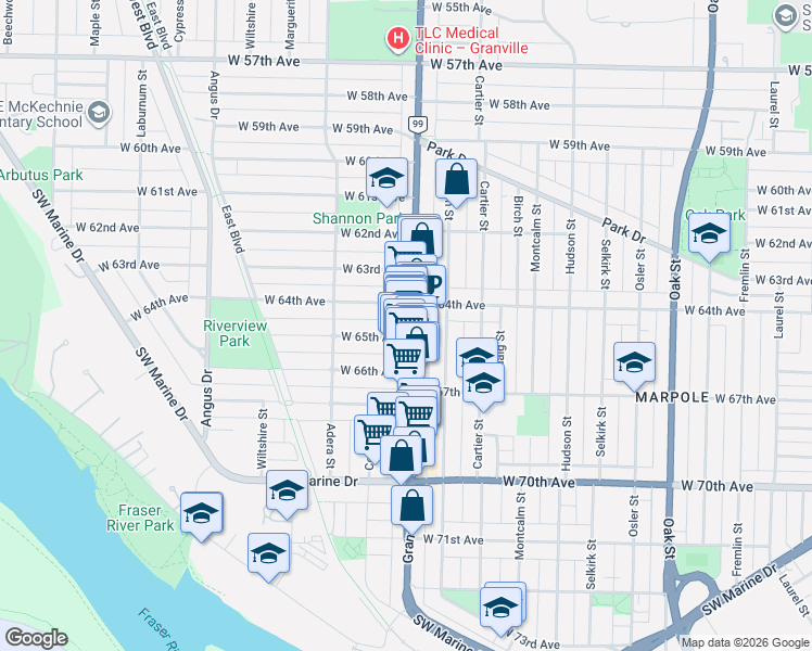 map of restaurants, bars, coffee shops, grocery stores, and more near 8067 Granville Street in Vancouver