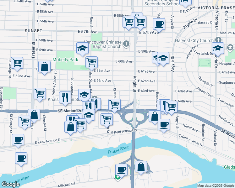 map of restaurants, bars, coffee shops, grocery stores, and more near 7960 Inverness Street in Vancouver