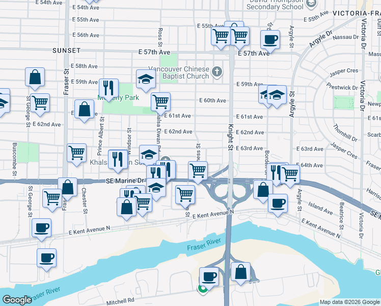 map of restaurants, bars, coffee shops, grocery stores, and more near 1278 East 63rd Avenue in Vancouver