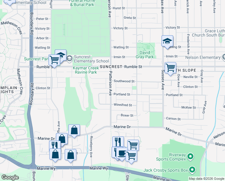 map of restaurants, bars, coffee shops, grocery stores, and more near 7850 Patterson Avenue in Burnaby