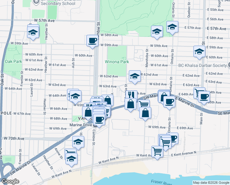 map of restaurants, bars, coffee shops, grocery stores, and more near in Vancouver