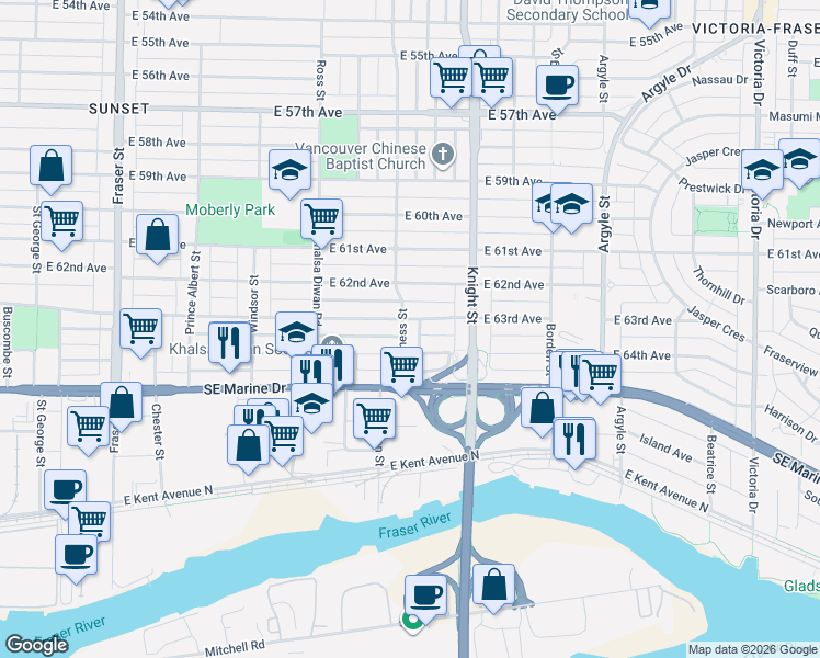 map of restaurants, bars, coffee shops, grocery stores, and more near 7962 Inverness Street in Vancouver