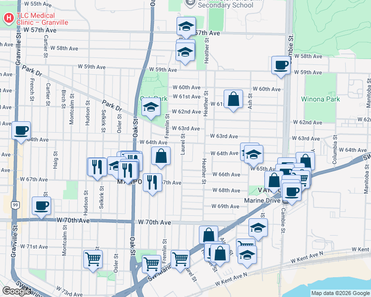 map of restaurants, bars, coffee shops, grocery stores, and more near 8010 Laurel Street in Vancouver