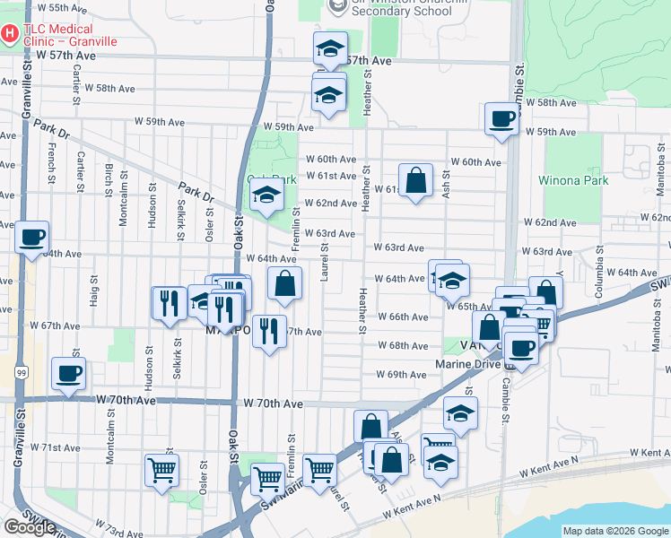 map of restaurants, bars, coffee shops, grocery stores, and more near 836 West 64th Avenue in Vancouver