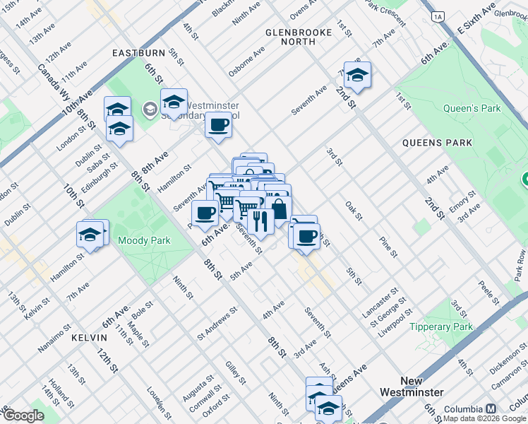 map of restaurants, bars, coffee shops, grocery stores, and more near 534 6th Street in New Westminster