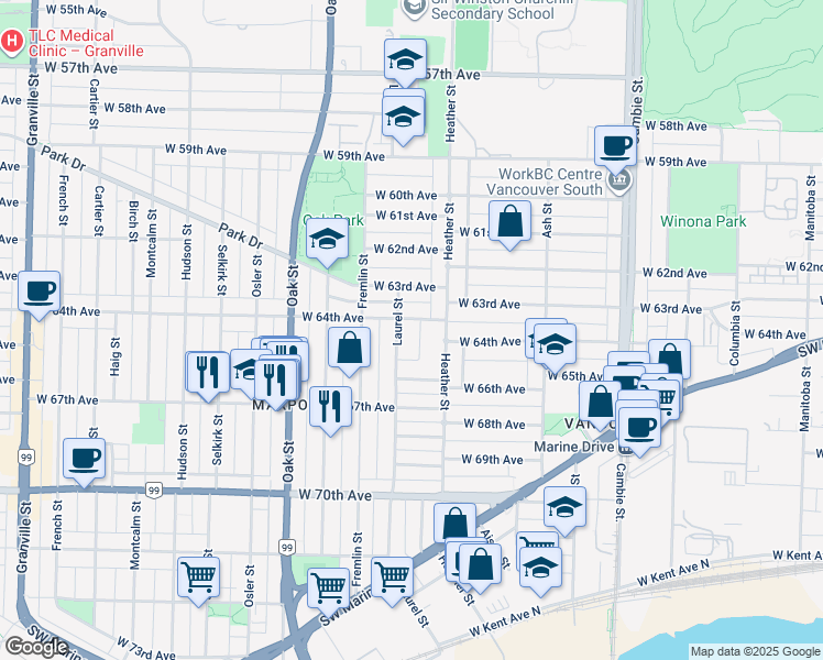 map of restaurants, bars, coffee shops, grocery stores, and more near 838 West 64th Avenue in Vancouver