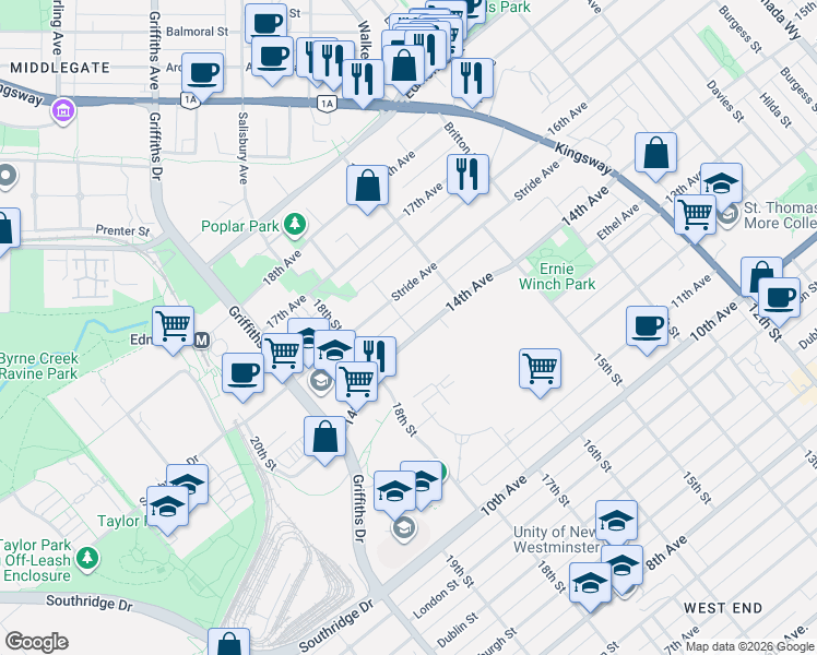 map of restaurants, bars, coffee shops, grocery stores, and more near 7133 14th Avenue in Burnaby