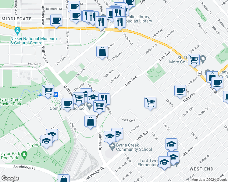 map of restaurants, bars, coffee shops, grocery stores, and more near 7133 14th Avenue in Burnaby