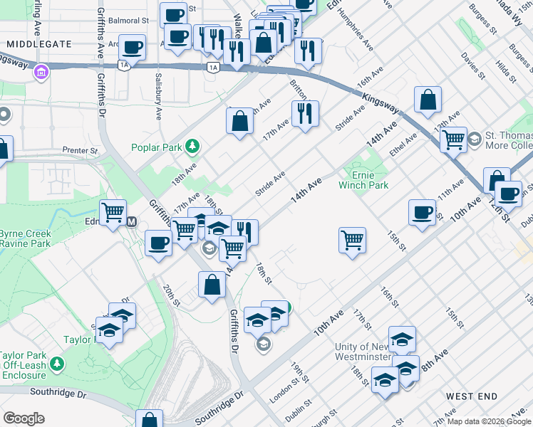 map of restaurants, bars, coffee shops, grocery stores, and more near 7133 14th Avenue in Burnaby