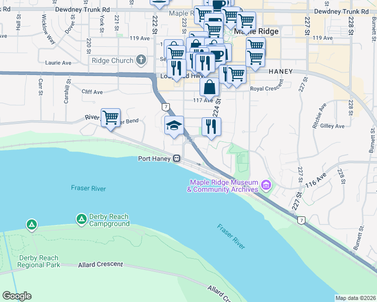 map of restaurants, bars, coffee shops, grocery stores, and more near in Maple Ridge