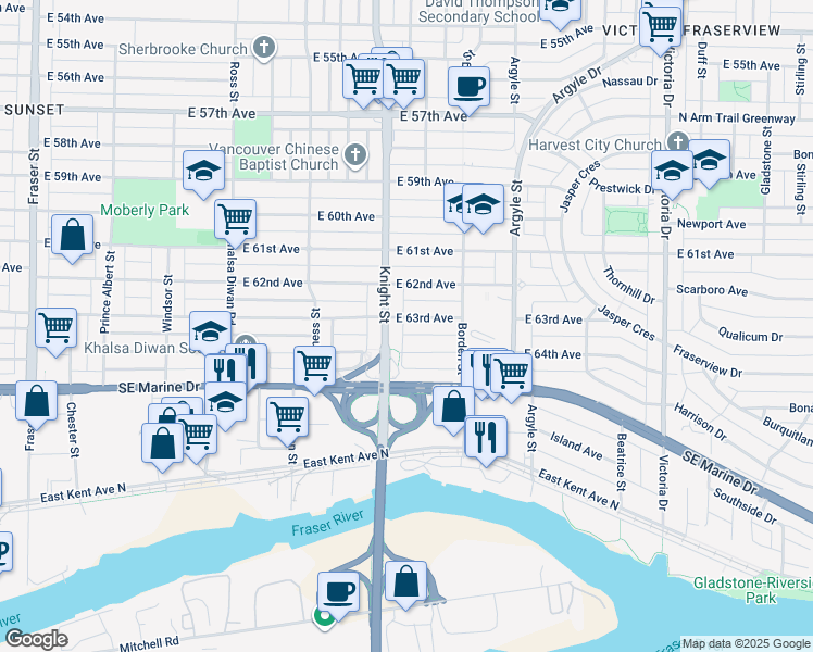 map of restaurants, bars, coffee shops, grocery stores, and more near 1412 East 63rd Avenue in Vancouver